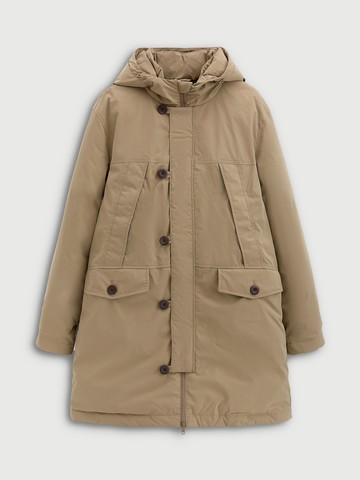 男裝 Logo刺繡中長版連帽羽絨外套-卡其色