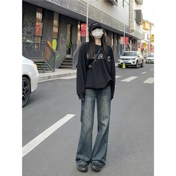 純哥家高腰微喇不貼腿牛仔褲女2025年秋冬新款復古直筒寬松拖地褲