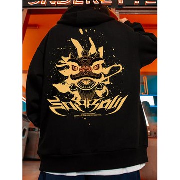 中國風醒獅國潮牌連帽套頭衛衣男寬松加肥大碼加絨加厚帽衫外套冬