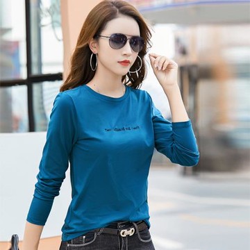 春秋薄款長袖體恤純棉T恤女寬松圓領藍色打底衫內搭上衣刺繡字母