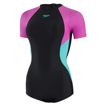 speedo 女款 運動短袖連身泳裝 Colourblock SD812947G725  黑色 + 粉紅色 + 藍色  34