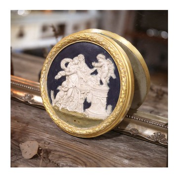 英國老件.古典浮雕圓形擺件.古希臘神話.樹脂製.復古金邊擺飾