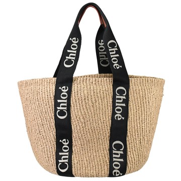 CHLOE Woody LOGO織帶草編托特包.黑邊