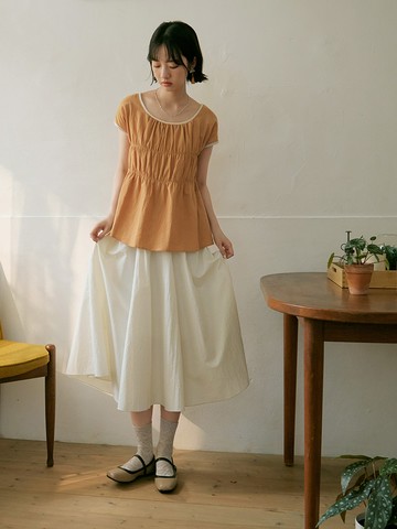 純棉抽褶撞色拼接長版造型上衣