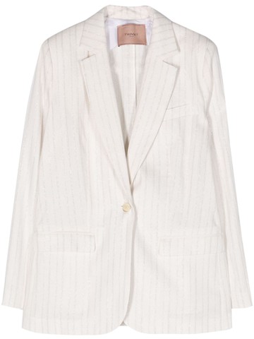 TWINSET - striped single-breasted blazer - women - Linen/Flax/Polyamide/Viscose/Polyester/Acetate/Cotton/Polyester - 42 - White