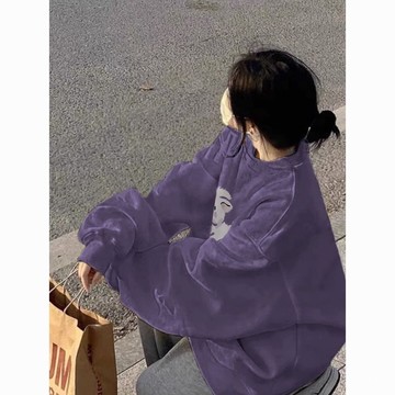 🐻‍純棉圓領紫色薄款衛衣女春秋2026新款 設計感小衆寬鬆正肩00