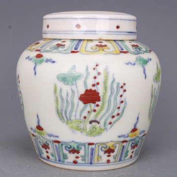 明成化青花斗彩荷花花紋天子罐家居中式擺件仿古瓷器收藏古董古玩1入