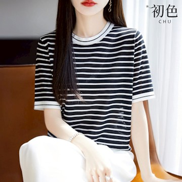 初色 簡約風圓領撞色條紋薄款天絲短袖冰絲衫針織衫上衣女上衣-共2色-12437(M-3XL可選)