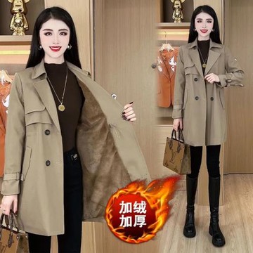 加絨加厚風衣外套女2024秋冬新款時尚收腰中長款顯瘦保暖氣質大衣