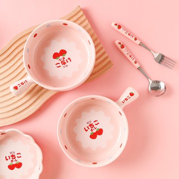 可愛粉色日系草莓單柄陶瓷碗少女沙拉碗烤碗早餐麥片碗學生泡面碗