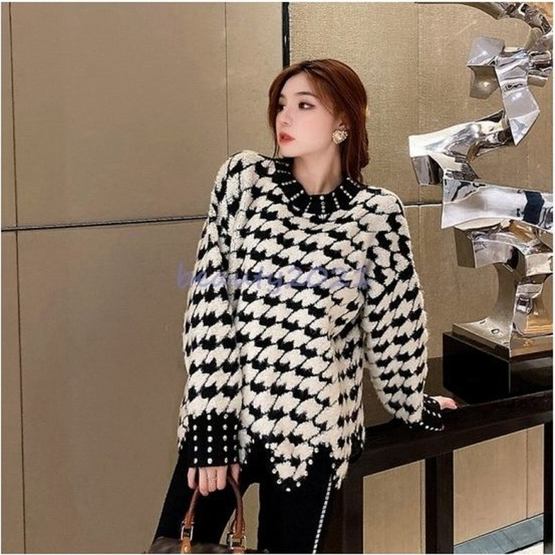 ニット 千鳥柄 チェック トップス 冬服 レディース 千鳥格子 ニットセーター ざっくり ゆったり 二次会 食事会 女子会 長袖 チュニック セーター 通販 Lineポイント最大get Lineショッピング
