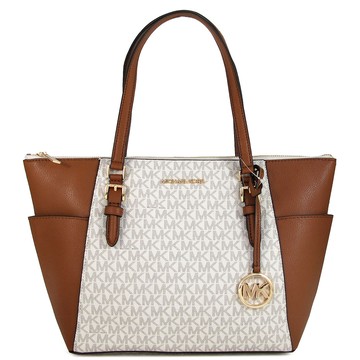 MICHAEL KORS CHARLOTTE 金字LOGO香草白X橡果色拼接托特肩背包