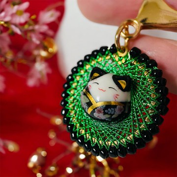 招財貓鑰匙圈綠色幾何圖案和黑貓