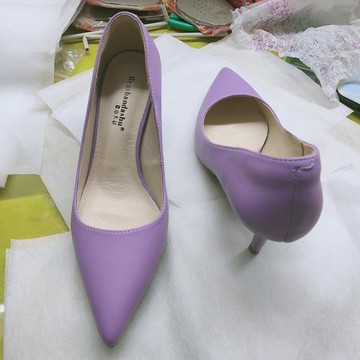 【羊皮版】新款真皮高跟尖頭淺口時尚網紅紫色細跟小跟超高女單鞋