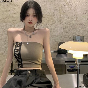 大促銷一 辣妹 平口背心 露肩 無袖上衣 修身 內搭上衣 夏季女字母印花帶胸墊兩穿短款露肩抹胸白色背心吊帶外穿內搭上衣