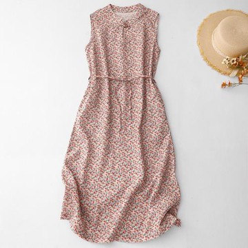 2025年夏季新款復古印花文藝寬松日系無袖背心打底連衣裙中長裙女