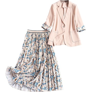 休閒套裝七分袖裙裝(兩件套)-一粒扣西裝雪紡印花裙女裙子2色73yd17【獨家進口】【米蘭精品】