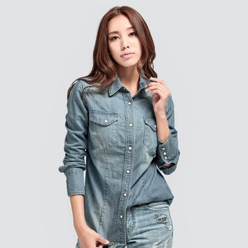 【ERSS】女裝 襯衫 長袖襯衫 長袖上衣 牛仔襯衫 牛仔上衣 修身 淺藍【K30002】