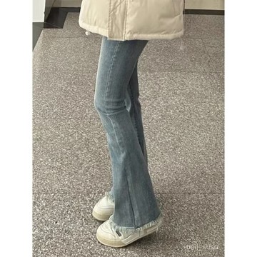 【限時特賣】牛仔褲女 牛仔長褲 高腰牛仔褲 牛仔寬褲 高腰褲 長褲女 淺色毛邊微喇牛仔褲女秋季新款高腰彈力修身顯瘦直筒拖