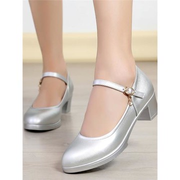 圓頭淺口4CM銀色皮鞋粗跟低跟工作鞋中老年扭秧歌鞋一字扣走秀鞋