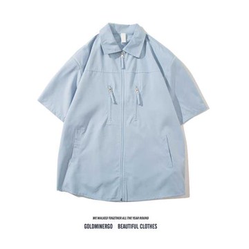 設計感拉鏈墊肩短袖襯衫男夏季潮牌寬松高級感痞帥五分袖工裝襯衣