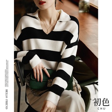 初色  V字翻領針織保暖上衣-條紋-63898(F可選)