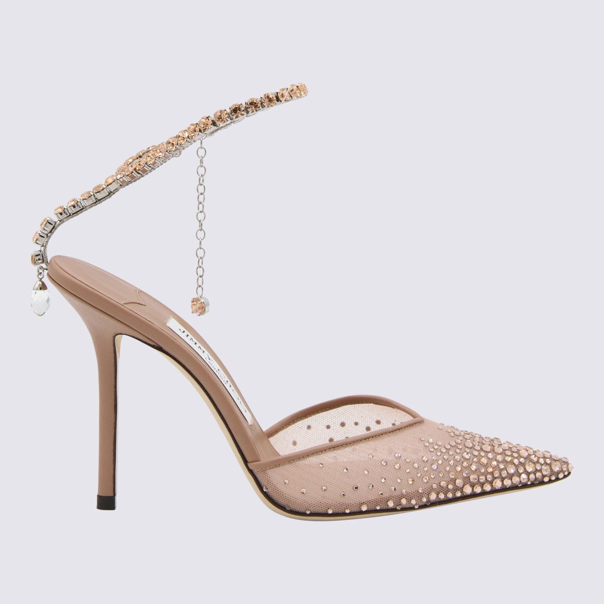 JIMMY CHOO BALLET PINK AND CRYSTAL LEATHER SAEDA PUMPS