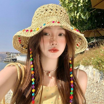 桃園出貨✨彩色編織草帽女夏季2025新款海邊度假風帽子大帽檐防曬遮陽漁夫帽