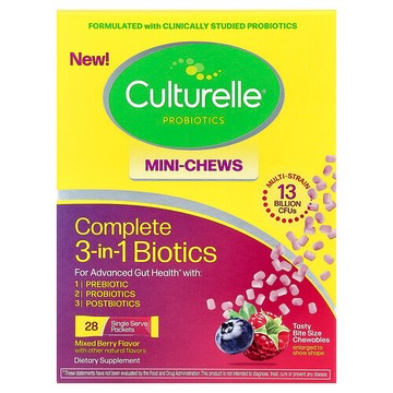 Culturelle, Complete 3-in-1 Biotics, Mini Chews, Mixed Berry, 28 Single Serve Packets, 1.5 g (0.05 oz ) Each