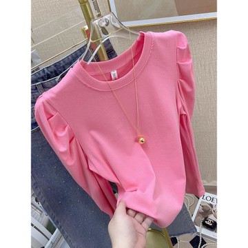 純棉長袖t恤女打底衫內搭2025年春季新款洋氣修身顯瘦泡泡袖上衣