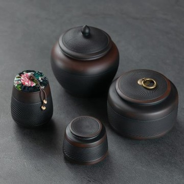 紫陶跳刀茶葉罐密封罐陶瓷紫砂大中小號醒茶罐普洱儲存罐防潮簡約