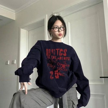 【台灣出貨】秋冬圓領衛衣女印花寬鬆休閒上衣服薄款百搭時尚潮流 大碼衛衣 秋冬上衣 大學t 刷毛大學t