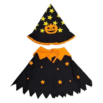 摩達客 COSPLAY派對 黑橘星星南瓜斗蓬披風+巫婆尖頂帽2件組 幼兒童適用  黑色 + 橘色  1組  帽子24 x 33cm/披風18 x 40 x 35cm
