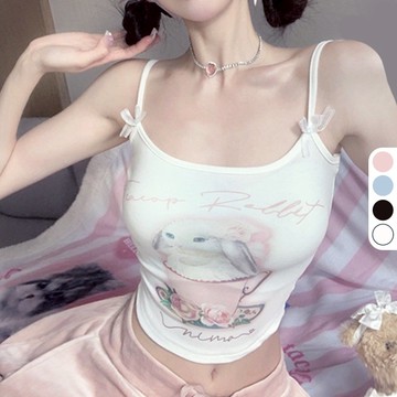 SISI【U24008】附胸墊-無袖細肩帶卡通兔子印花低胸短款圓領露鎖骨背心小可愛上衣內搭外穿美背小蝴蝶結蕾絲性感辣妹
