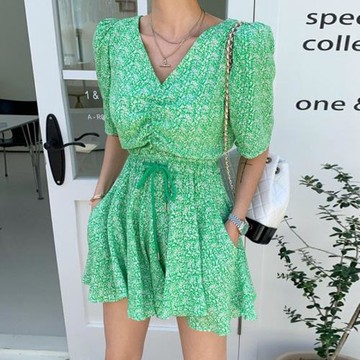 韓系chic夏季新款復古氣質V領碎花雪紡高腰顯瘦闊腿連衣裙褲女