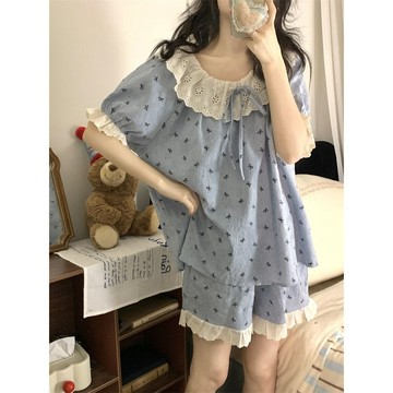 超舒服☁️娃娃領睡衣 女夏季韓版甜美蕾絲蝴蝶結短袖短褲薄款家居服套裝 兩件套睡衣 寬鬆休閒居家服套裝
