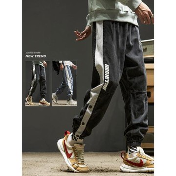 工裝褲男日系潮牌側排扣條紋拼接休閑褲子潮流春秋新款寬松束腳褲