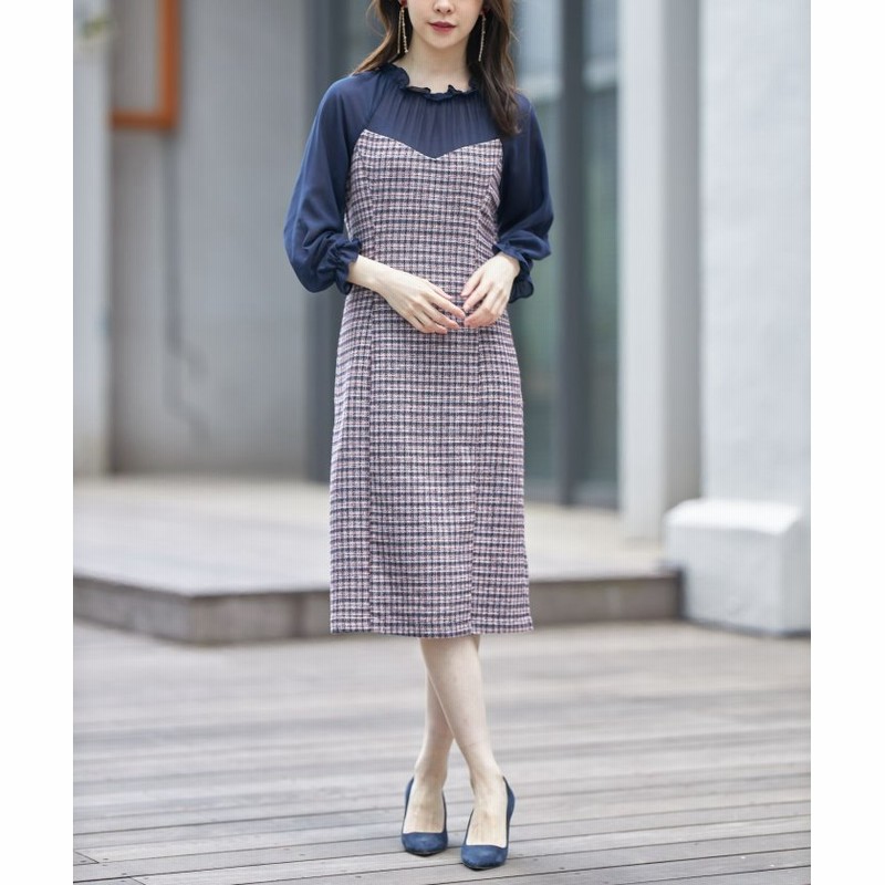 Tocco Closet トッコクローゼット レイヤード風プチフリルネックキャンディースリーブ切替ツイードワンピース レディース Navy 通販 Lineポイント最大1 0 Get Lineショッピング