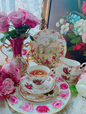 英國製1960年古董手繪花茶杯三件組咖啡杯馬年新年佈置情人節禮物