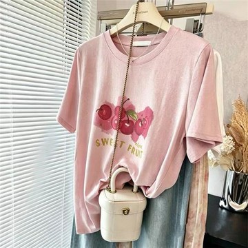 粉色櫻桃純棉新款短袖T恤女夏季圓領寬松顯瘦大碼胖MM半袖上衣服
