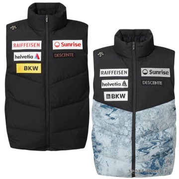 Descente 迪桑特 羽絨背心外套 男裝 瑞士滑雪隊 黑/紋路藍【運動世界】SQ421SDVO1-BLK0/SQ421SDVO1-PAT0