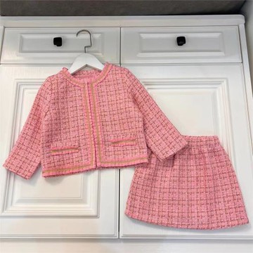 女童秋冬套裝香新款韓版奶奶名媛法式氣質粉小香風外套半裙兩件套