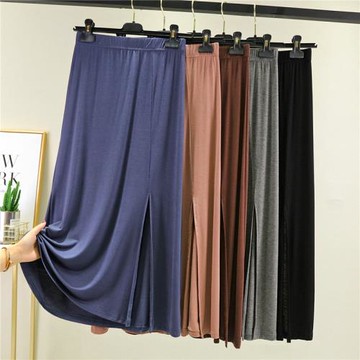 莫代爾A字裙半身裙女夏春季高腰顯瘦大碼側開叉裙中長款黑色裙子