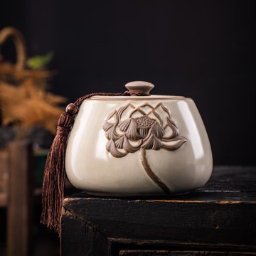 陶瓷茶葉罐家用汝窯開片密封儲物罐手工浮雕小號鐵觀音半斤罐批發
