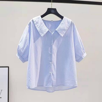 純棉小清新藍色條紋娃娃領襯衫女寬松棉麻襯衣時尚中袖上衣 短袖襯衫 大尺碼女裝 短袖上衣 夏季女裝 日系穿搭 大尺碼襯衫