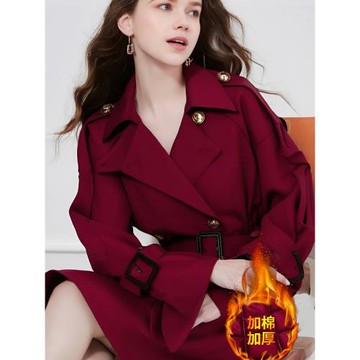 清倉春新款安可拉紅翻領夾棉風衣復古中長款通勤小個子外套女