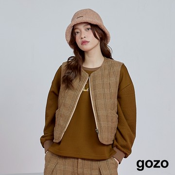 【gozo】格紋羊毛鋪棉拉鍊背心(咖啡/深咖_F) | 女裝 圓領 百搭