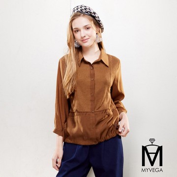 🍂限時7折【MA】棉質異素材拼接長袖襯衫-焦糖色