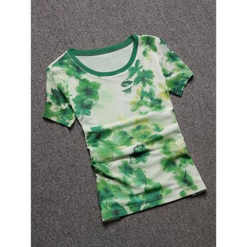 短袖t恤女2025新款花色圓領網紗體恤洋氣小衫漂亮半袖綠色上衣