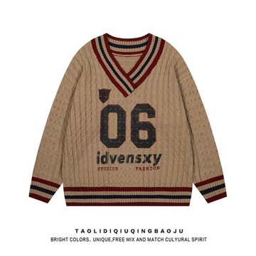 美式復古學院風V領毛衣女2026冬季慵懶風寬松休閑麻花紋針織上衣